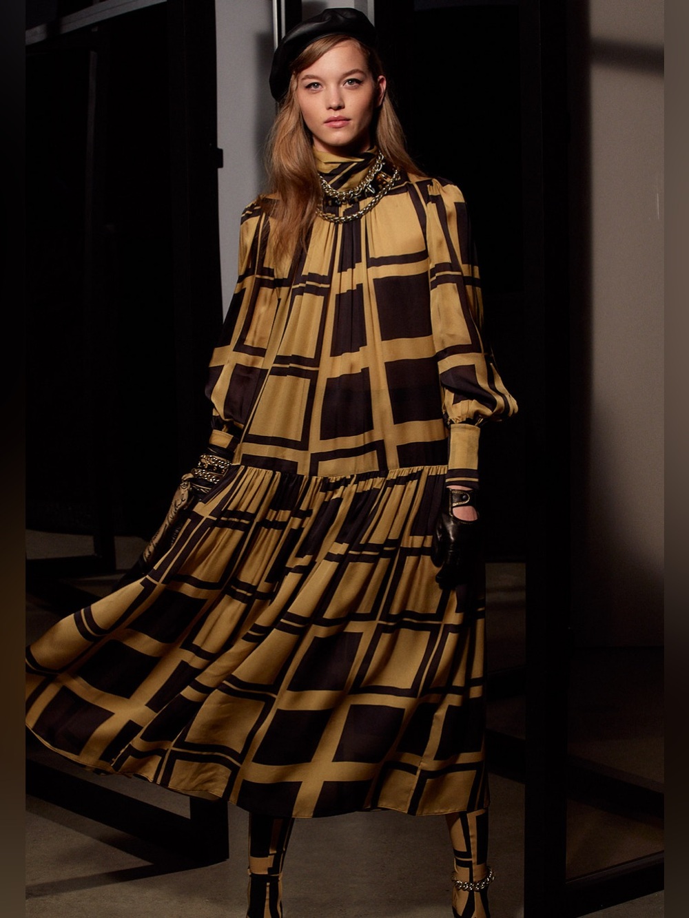 Zimmermann Runway Silk Mustard & Black Geometric Print Midi Dress